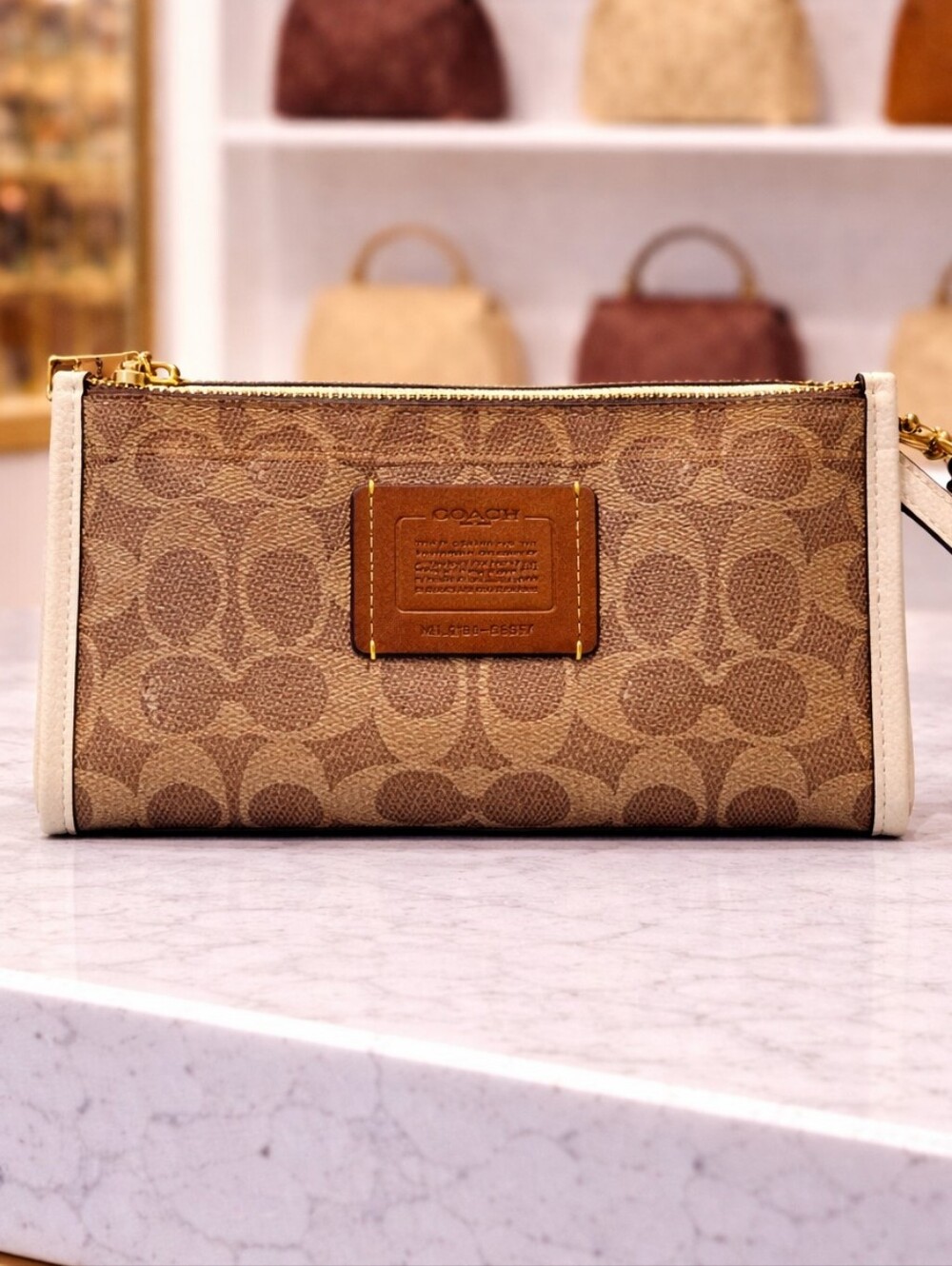 Coach Tan and Brown Signature Large Zip Wristlet - EUC